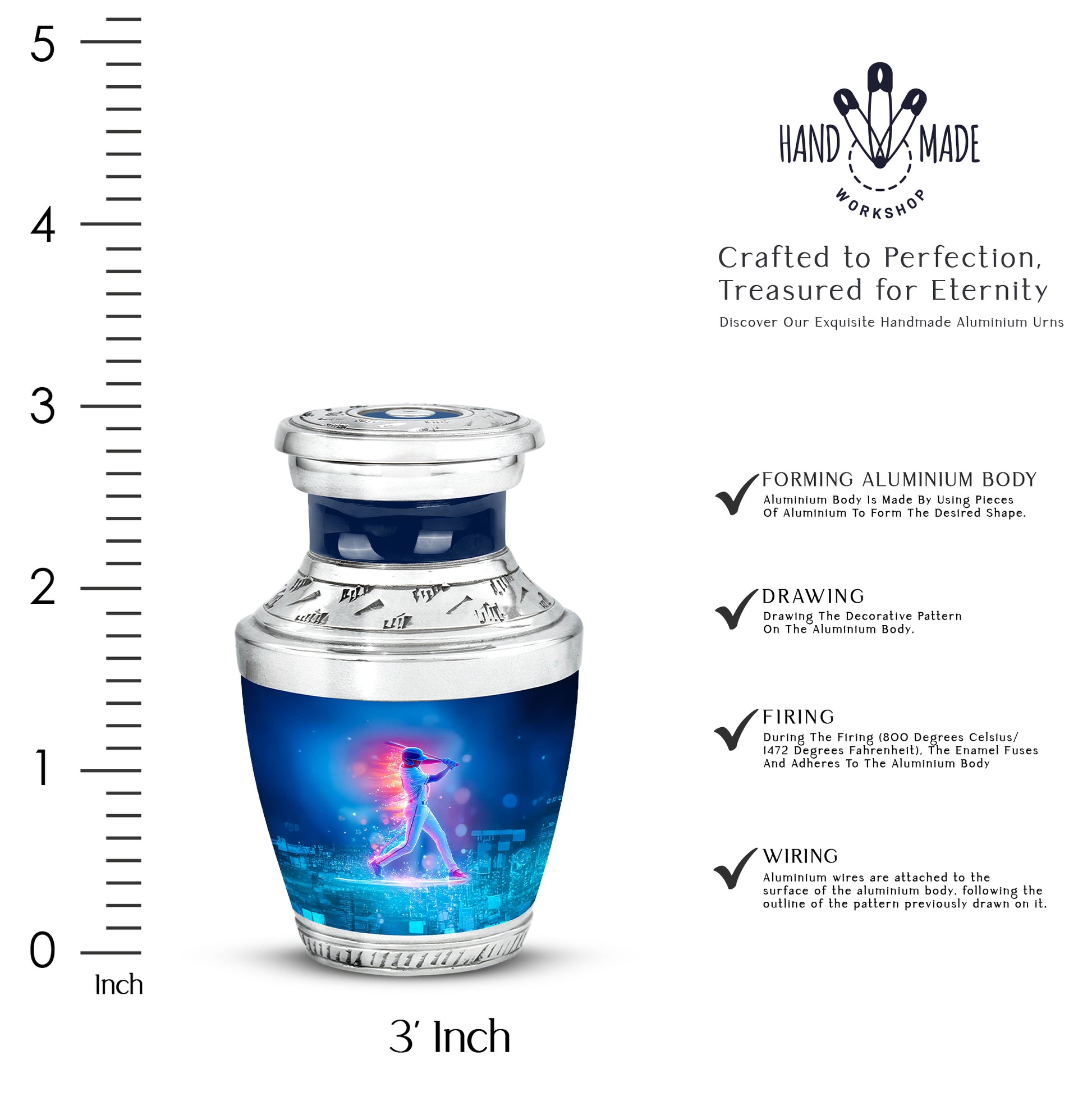 Dusty Blue Baseball Cremation Urn top-down view of secure threaded lid - contemporary baseball design with modern artistic flair - mini keepsake memorial for portion of cremation ashes