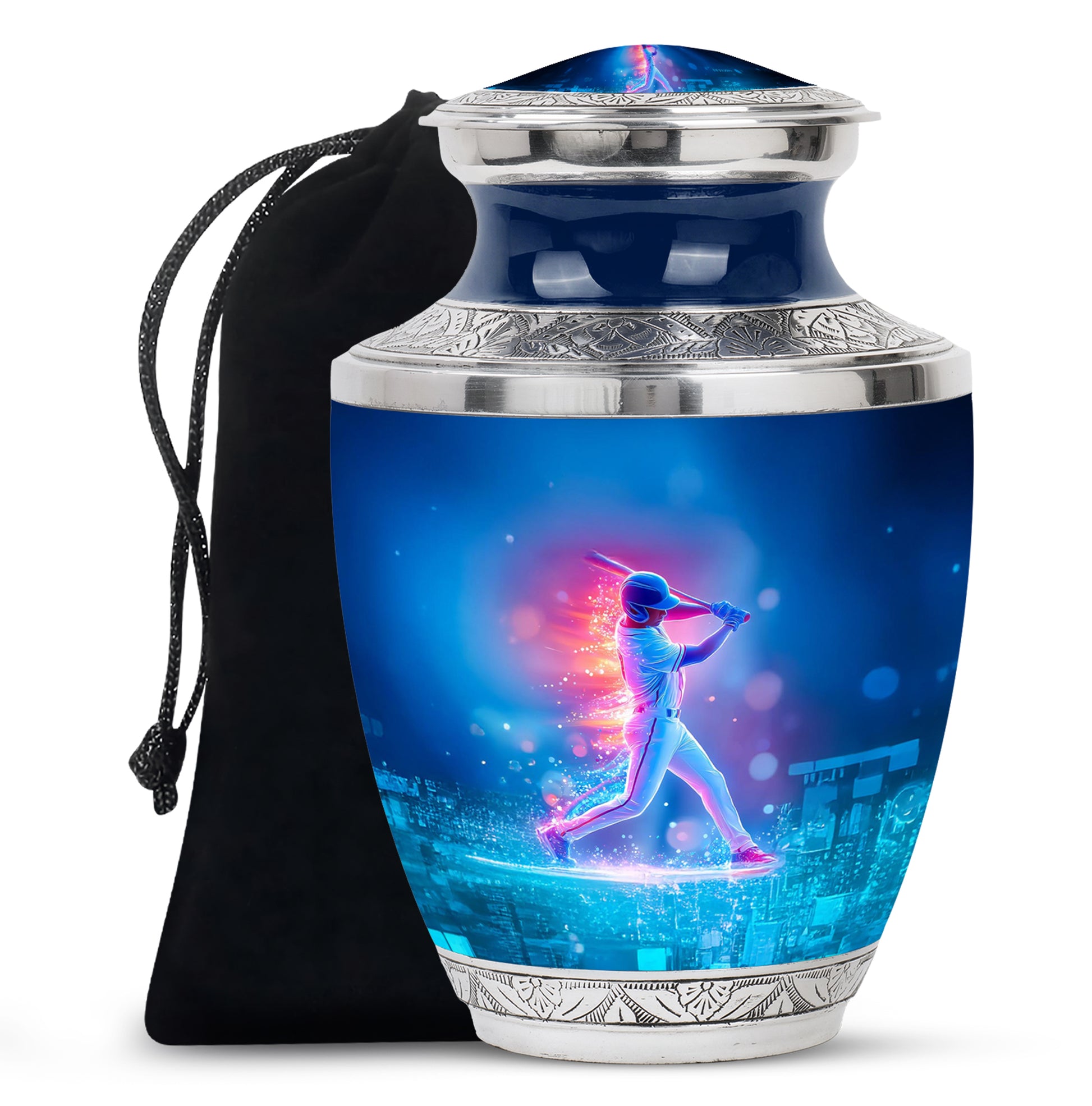 Celestial Blue Baseball Cremation Urn side profile showing urn shape - modern art-inspired baseball motif on sleek aluminum - full-size 10 inch 200 cubic inch adult cremation urn
