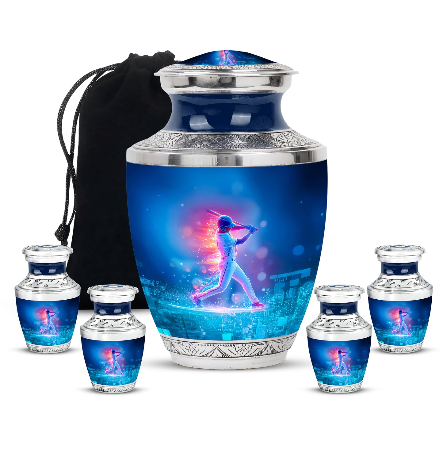 Soft Blue Baseball Cremation Urn lifestyle display on memorial shelf - stylized abstract baseball pattern with bold lines - memorial set with one large and four small urns