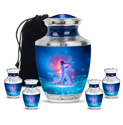 Soft Blue Baseball Cremation Urn lifestyle display on memorial shelf - stylized abstract baseball pattern with bold lines - memorial set with one large and four small urns