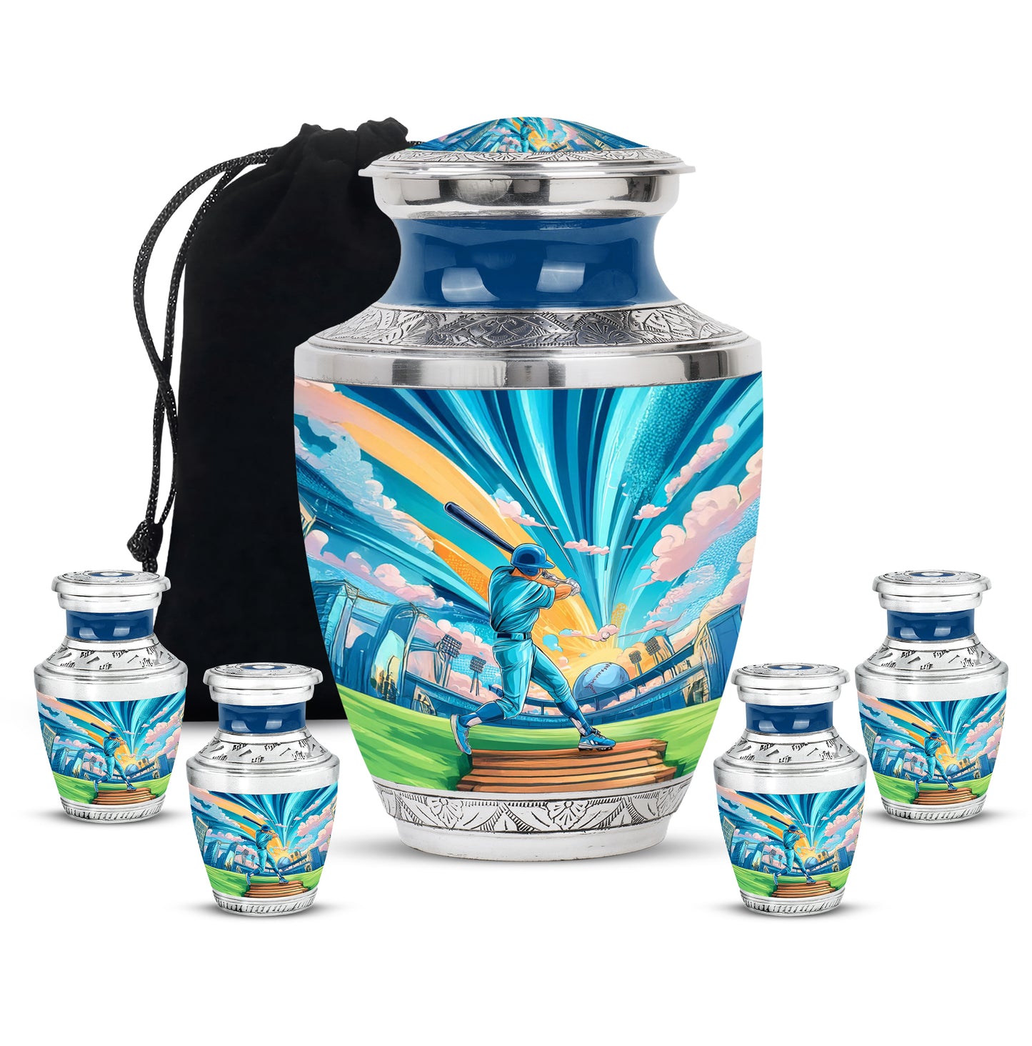 Ocean Teal Baseball Cremation Urn lifestyle display on memorial shelf - modern art-inspired baseball motif on sleek aluminum - memorial set with one large and four small urns