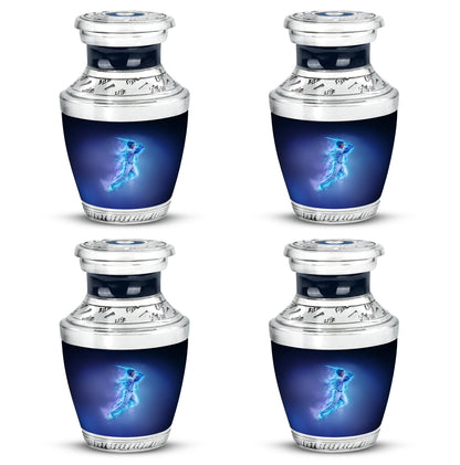 Royal Blue Baseball Cremation Urn back view with polished surface - stylized abstract baseball pattern with bold lines - 10 inch aluminum urn for cremated remains