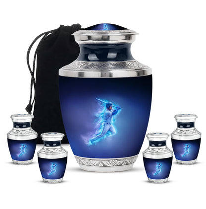 Royal Blue Baseball Cremation Urn lifestyle display on memorial shelf - artistic baseball interpretation with creative detail - memorial set with one large and four small urns