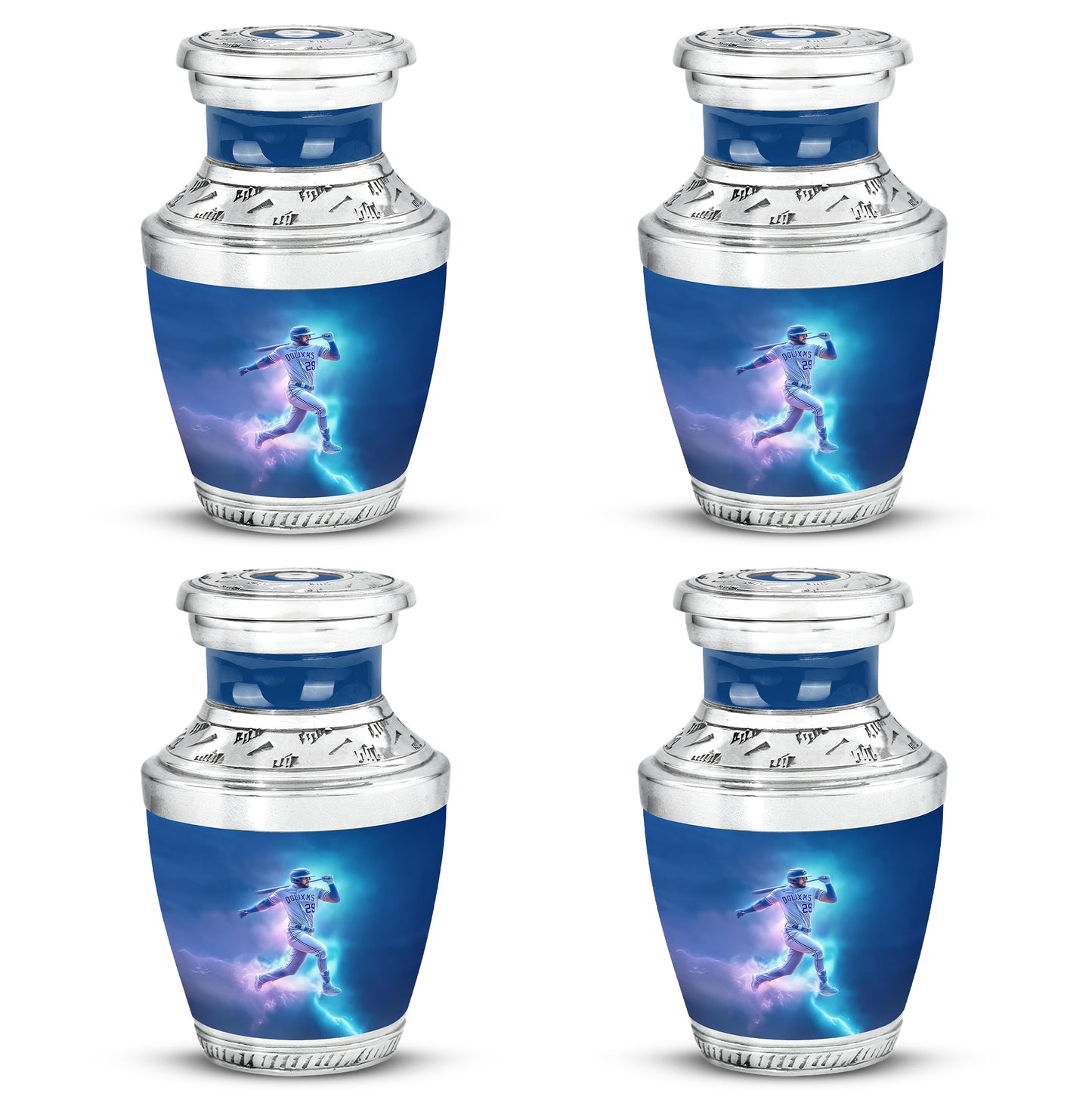 Sky Blue Baseball Cremation Urn back view with polished surface - contemporary baseball design with modern artistic flair - 10 inch aluminum urn for cremated remains