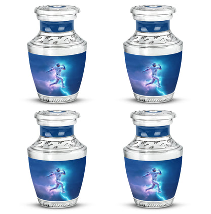 Sky Blue Baseball Cremation Urn back view with polished surface - contemporary baseball design with modern artistic flair - 10 inch aluminum urn for cremated remains