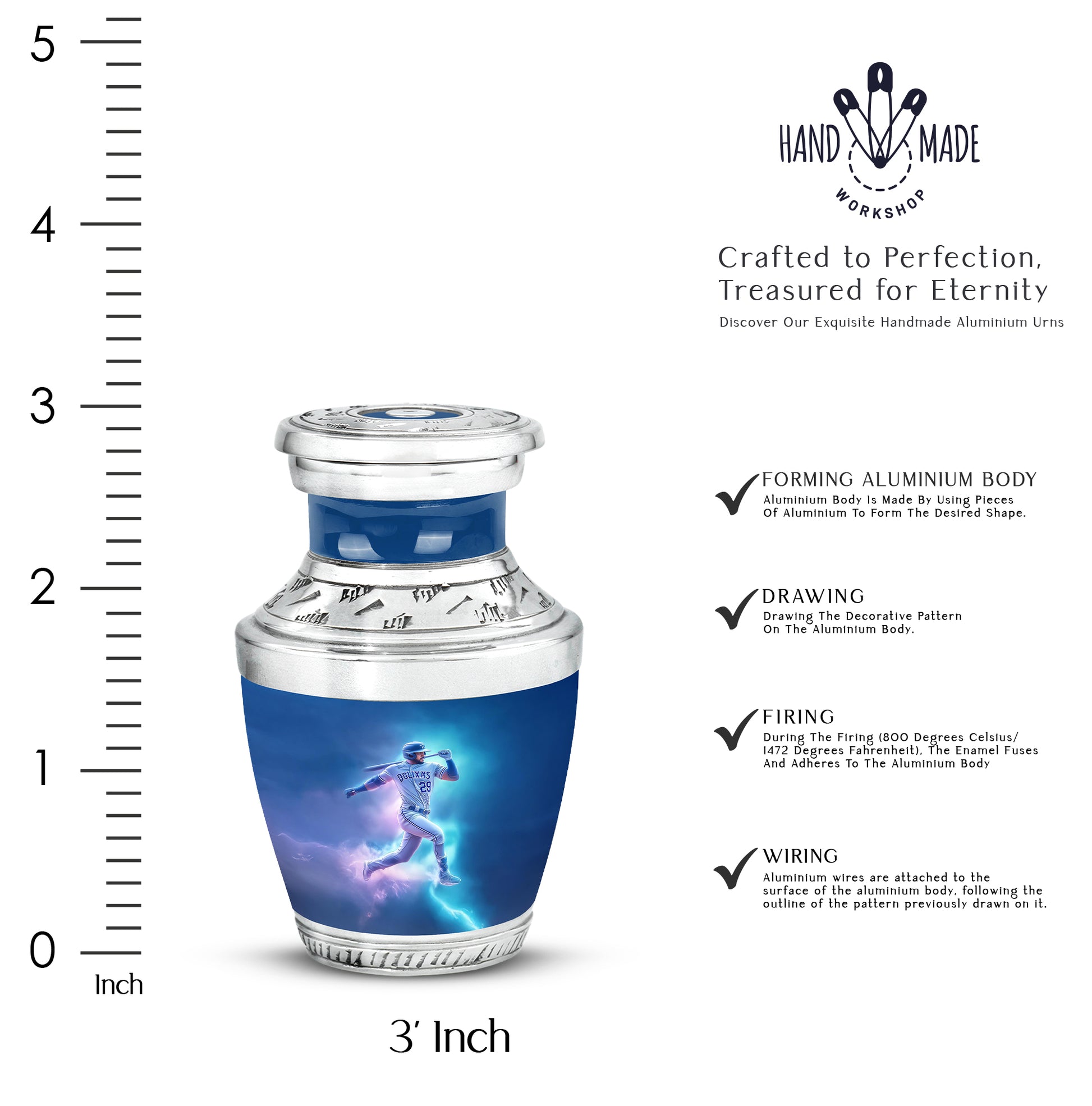 Cobalt Blue Baseball Cremation Urn top-down view of secure threaded lid - stylized abstract baseball pattern with bold lines - mini keepsake memorial for portion of cremation ashes