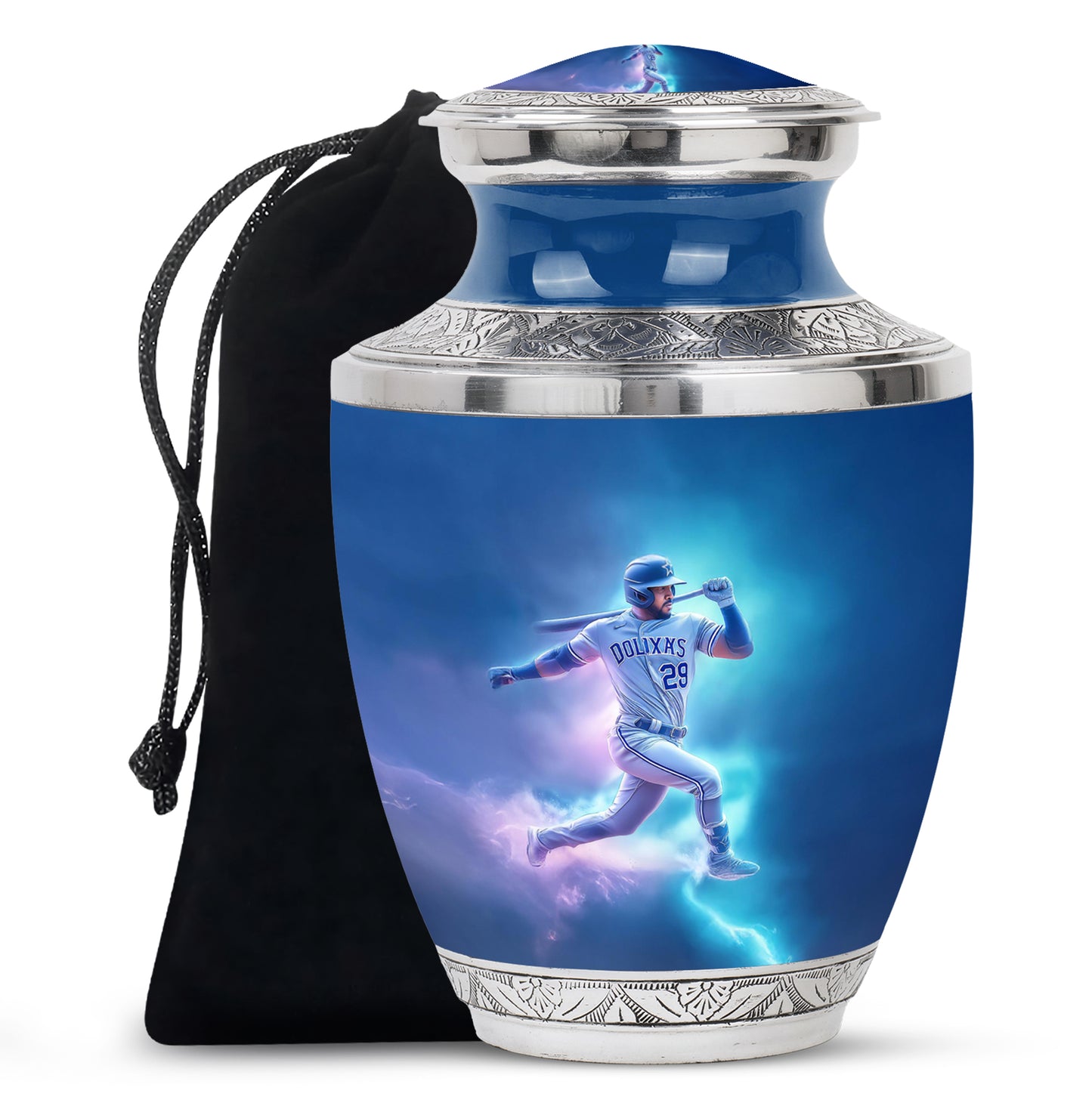 Misty Blue Baseball Cremation Urn side profile showing urn shape - modern art-inspired baseball motif on sleek aluminum - full-size 10 inch 200 cubic inch adult cremation urn