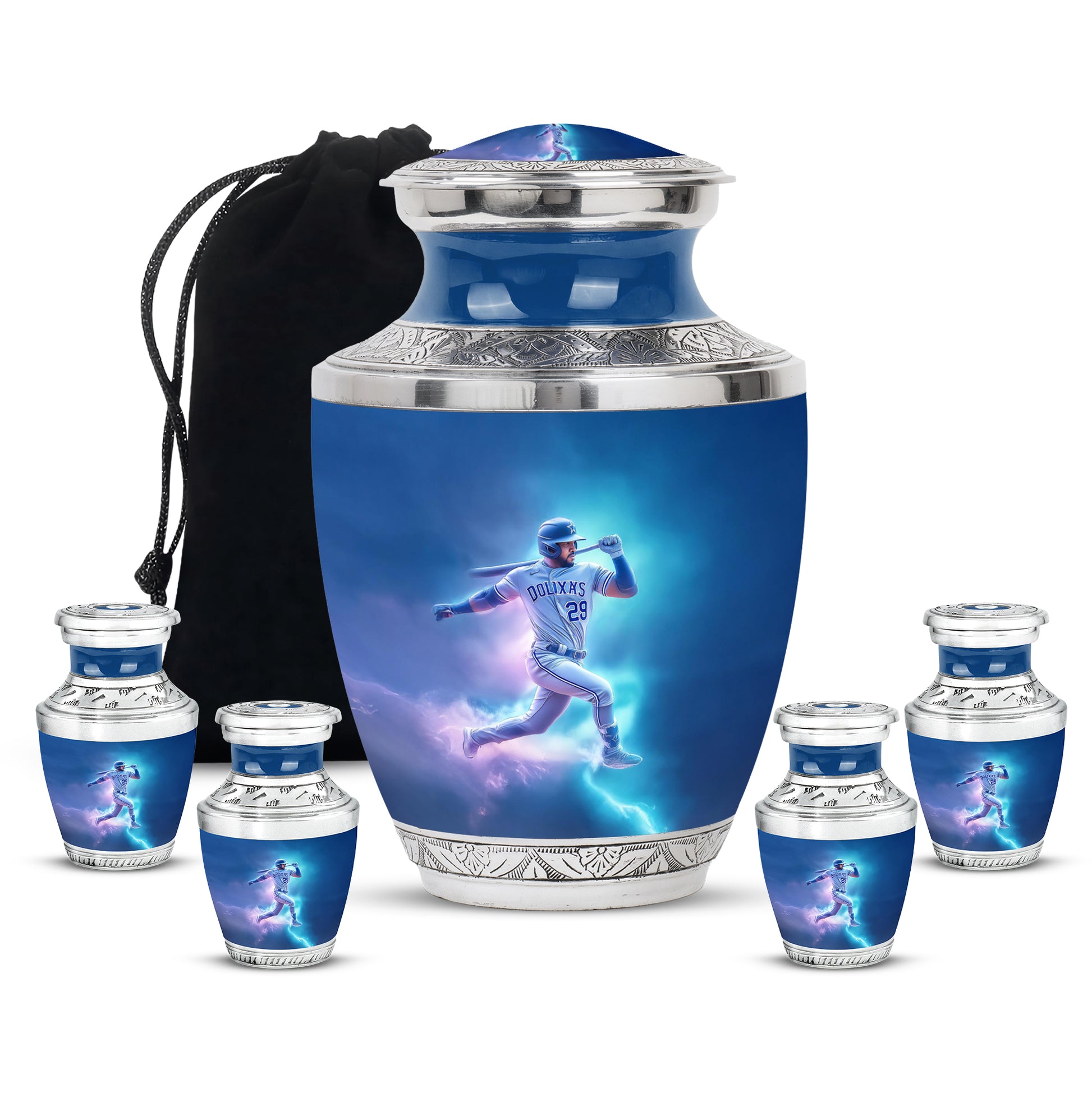 Powder Blue Baseball Cremation Urn lifestyle display on memorial shelf - contemporary baseball design with modern artistic flair - memorial set with one large and four small urns