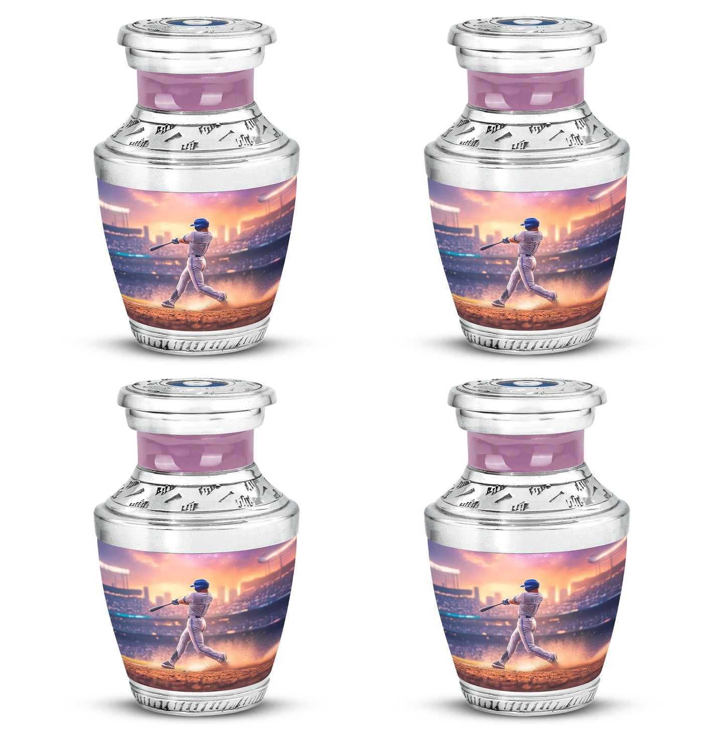 Vintage Pink Baseball Cremation Urn back view with polished surface - artistic baseball interpretation with creative detail - 10 inch aluminum urn for cremated remains