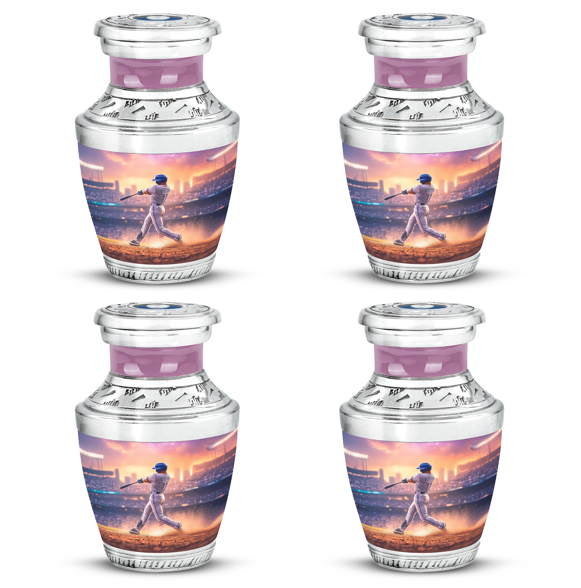 Vintage Pink Baseball Cremation Urn back view with polished surface - artistic baseball interpretation with creative detail - 10 inch aluminum urn for cremated remains