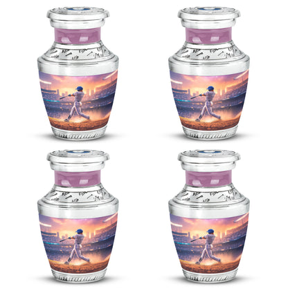 Vintage Pink Baseball Cremation Urn back view with polished surface - artistic baseball interpretation with creative detail - 10 inch aluminum urn for cremated remains