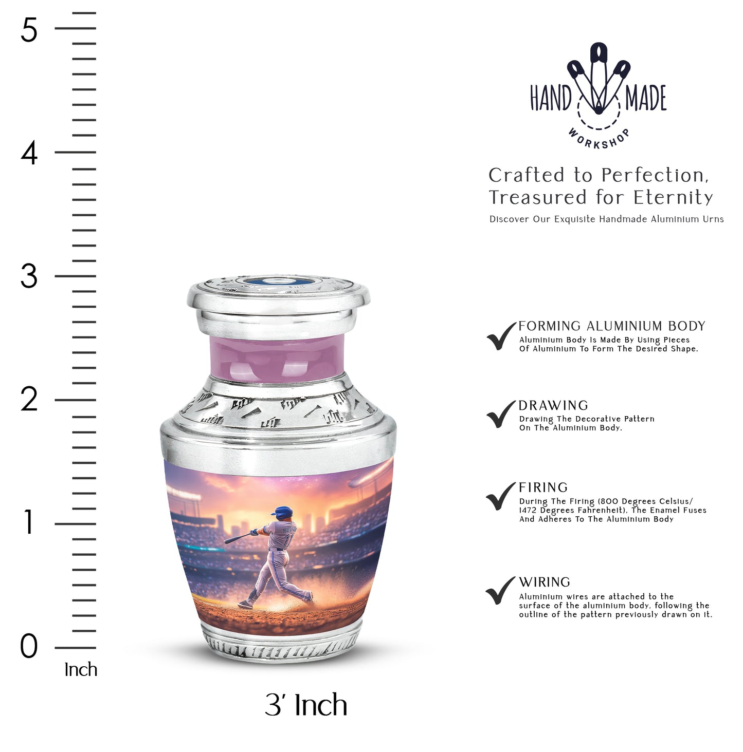Pastel Pink Baseball Cremation Urn top-down view of secure threaded lid - contemporary baseball design with modern artistic flair - mini keepsake memorial for portion of cremation ashes