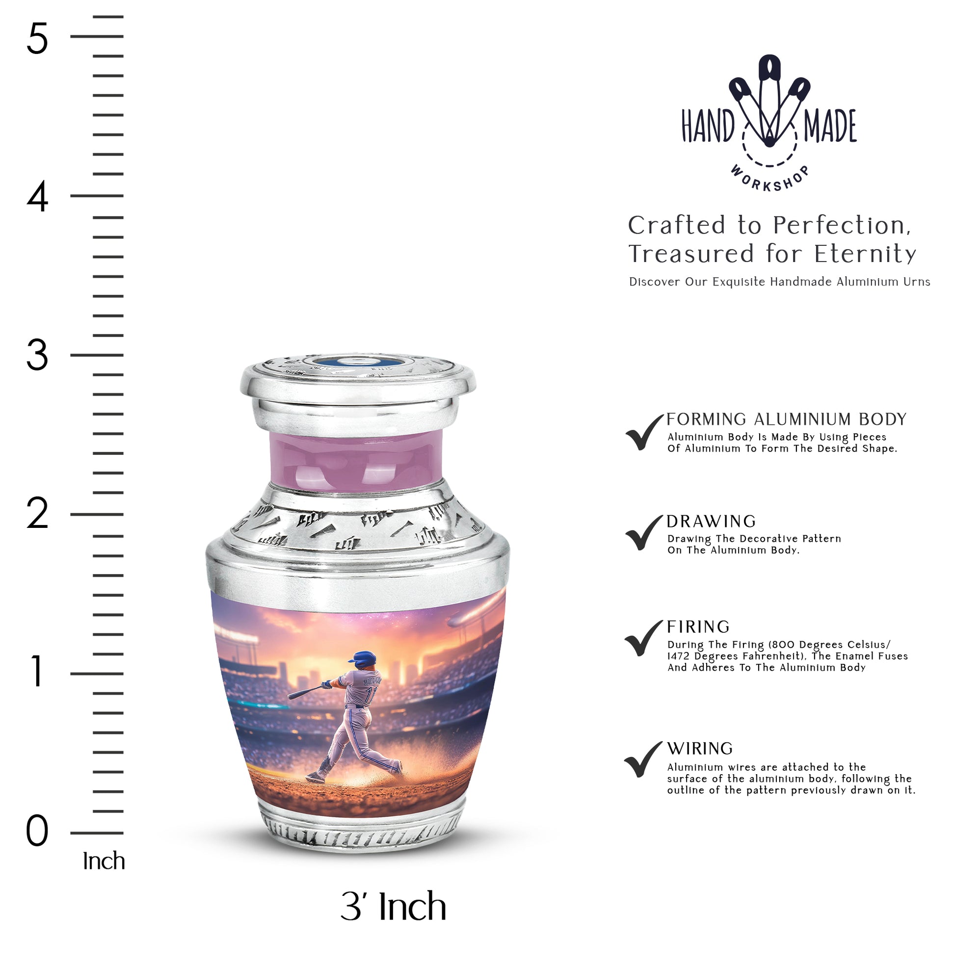 Pastel Pink Baseball Cremation Urn top-down view of secure threaded lid - contemporary baseball design with modern artistic flair - mini keepsake memorial for portion of cremation ashes