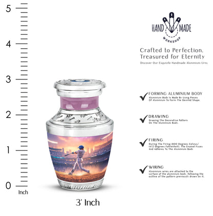 Pastel Pink Baseball Cremation Urn top-down view of secure threaded lid - contemporary baseball design with modern artistic flair - mini keepsake memorial for portion of cremation ashes