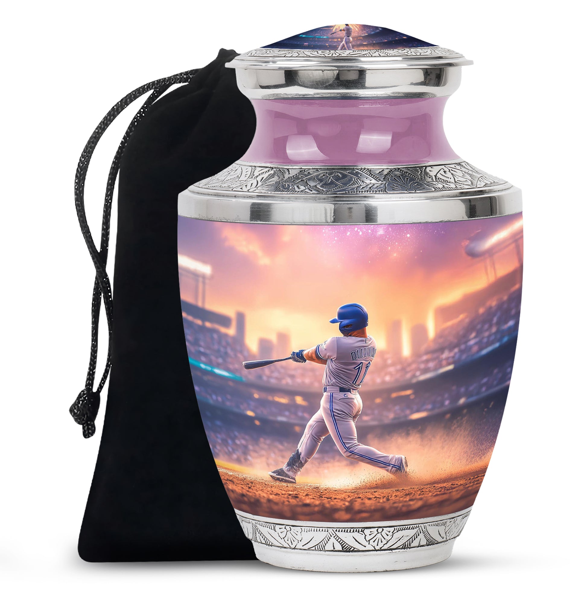 Pastel Pink Baseball Cremation Urn side profile showing urn shape - modern art-inspired baseball motif on sleek aluminum - full-size 10 inch 200 cubic inch adult cremation urn