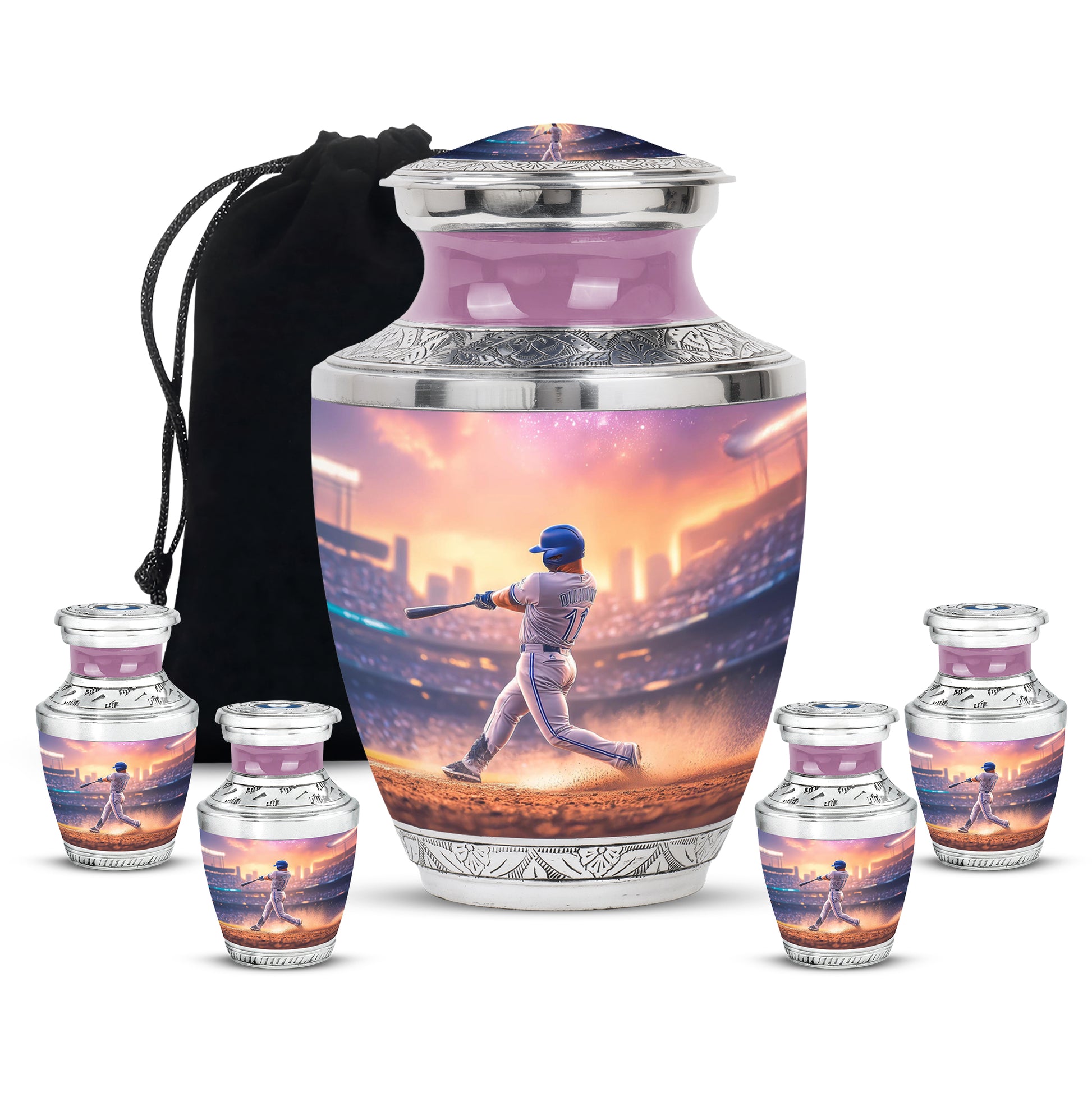 Soft Pink Baseball Cremation Urn lifestyle display on memorial shelf - artistic baseball interpretation with creative detail - memorial set with one large and four small urns