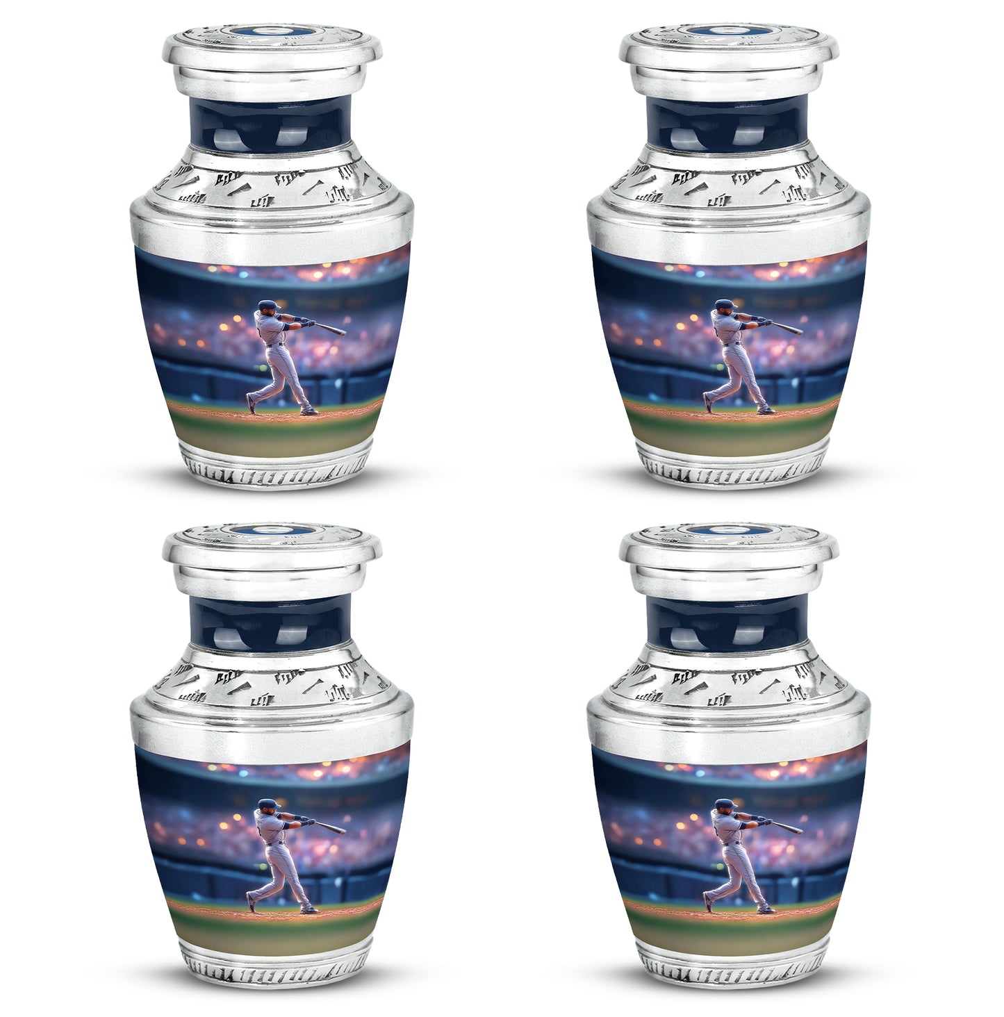 Calming Blue Baseball Cremation Urn back view with polished surface - stylized abstract baseball pattern with bold lines - 10 inch aluminum urn for cremated remains