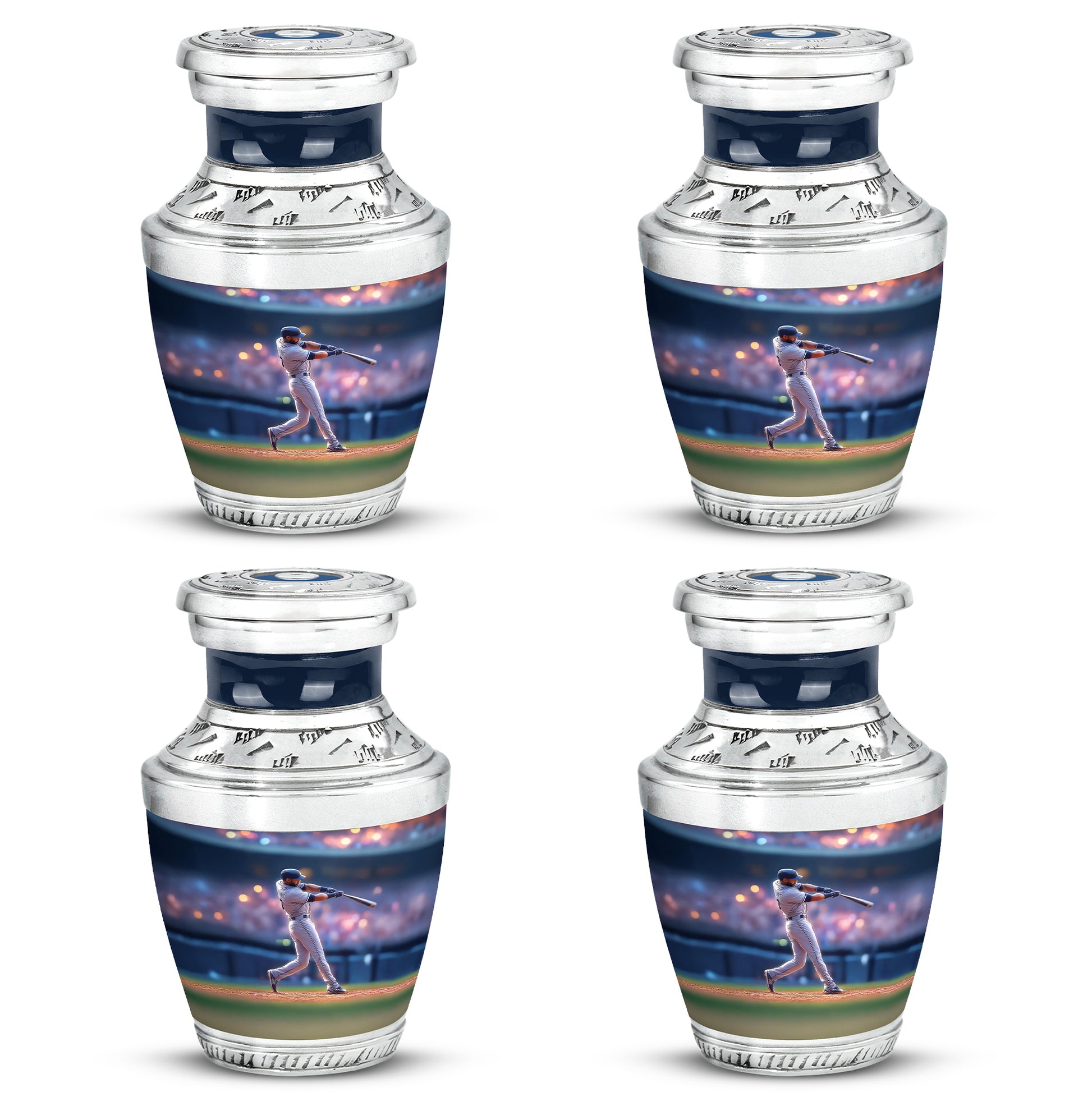 Calming Blue Baseball Cremation Urn back view with polished surface - stylized abstract baseball pattern with bold lines - 10 inch aluminum urn for cremated remains