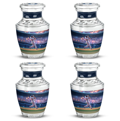 Calming Blue Baseball Cremation Urn back view with polished surface - stylized abstract baseball pattern with bold lines - 10 inch aluminum urn for cremated remains