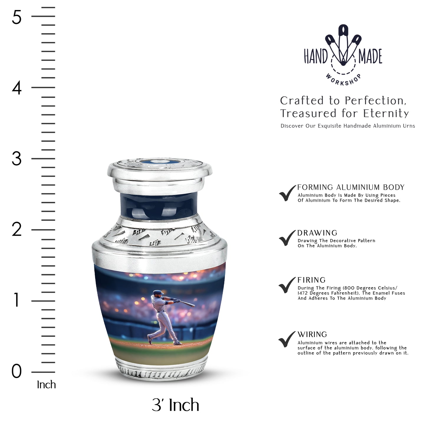 Pastel Blue Baseball Cremation Urn top-down view of secure threaded lid - contemporary baseball design with modern artistic flair - mini keepsake memorial for portion of cremation ashes