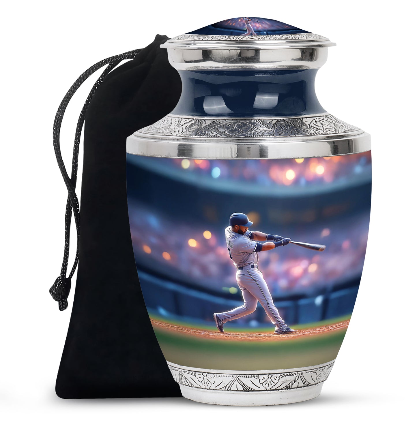 Cornflower Blue Baseball Cremation Urn side profile showing urn shape - artistic baseball interpretation with creative detail - full-size 10 inch 200 cubic inch adult cremation urn