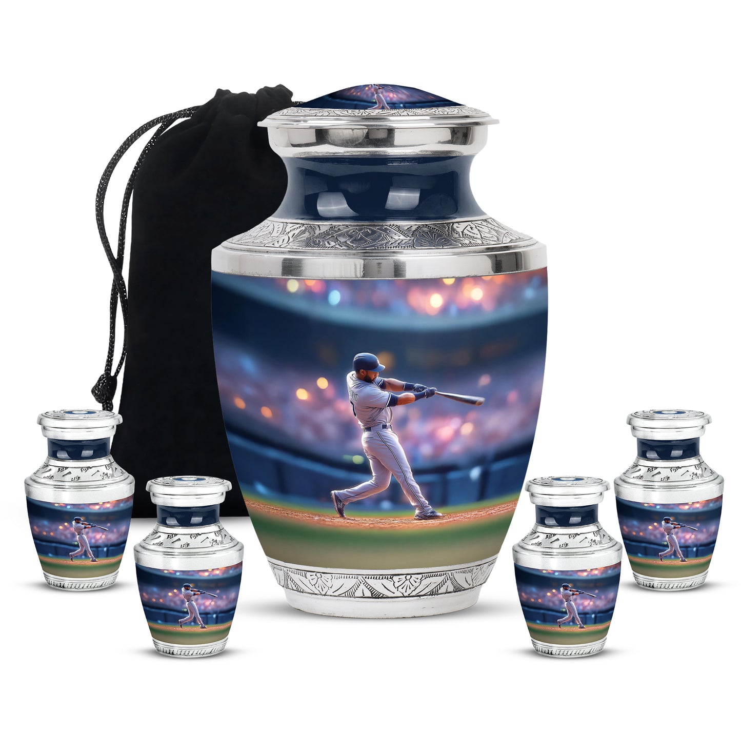 Navy Blue Baseball Cremation Urn lifestyle display on memorial shelf - modern art-inspired baseball motif on sleek aluminum - memorial set with one large and four small urns