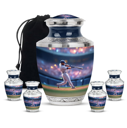 Navy Blue Baseball Cremation Urn lifestyle display on memorial shelf - modern art-inspired baseball motif on sleek aluminum - memorial set with one large and four small urns