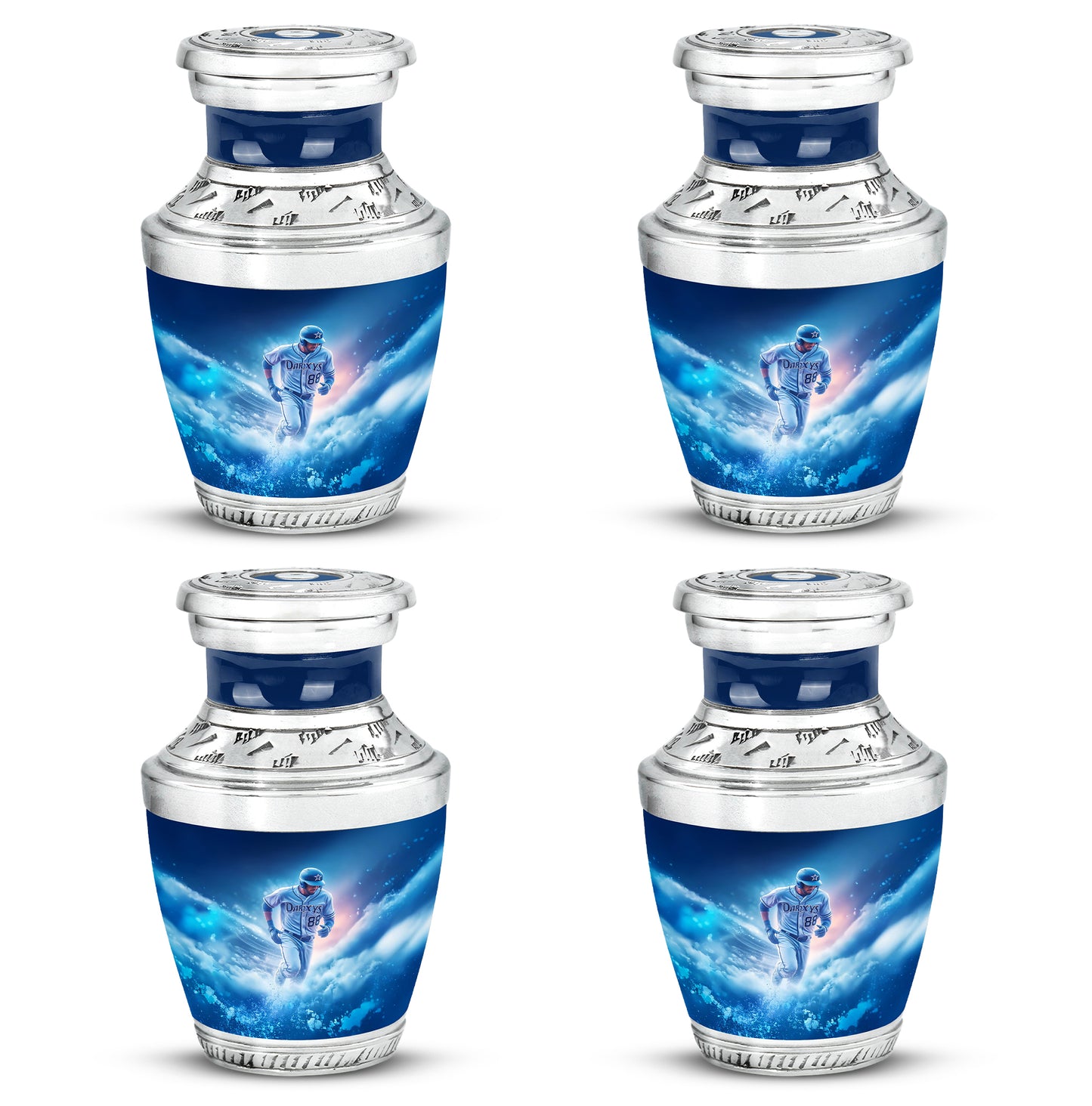 Sky Blue Baseball Cremation Urn back view with polished surface - contemporary baseball design with modern artistic flair - 10 inch aluminum urn for cremated remains