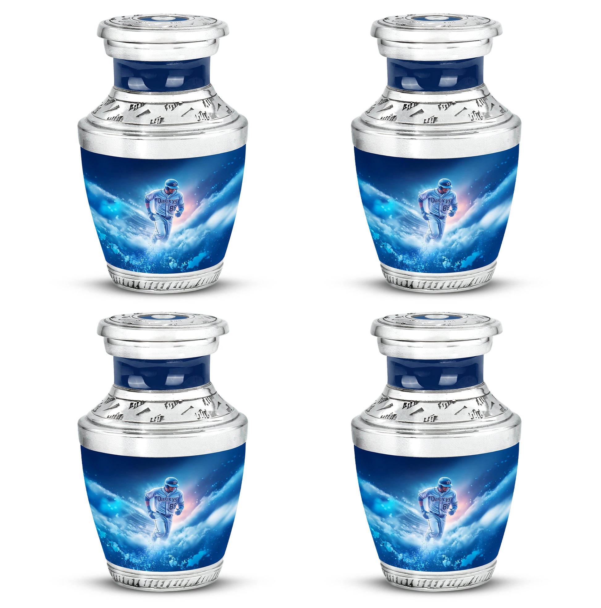 Sky Blue Baseball Cremation Urn back view with polished surface - contemporary baseball design with modern artistic flair - 10 inch aluminum urn for cremated remains