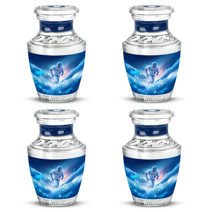 Sky Blue Baseball Cremation Urn back view with polished surface - contemporary baseball design with modern artistic flair - 10 inch aluminum urn for cremated remains
