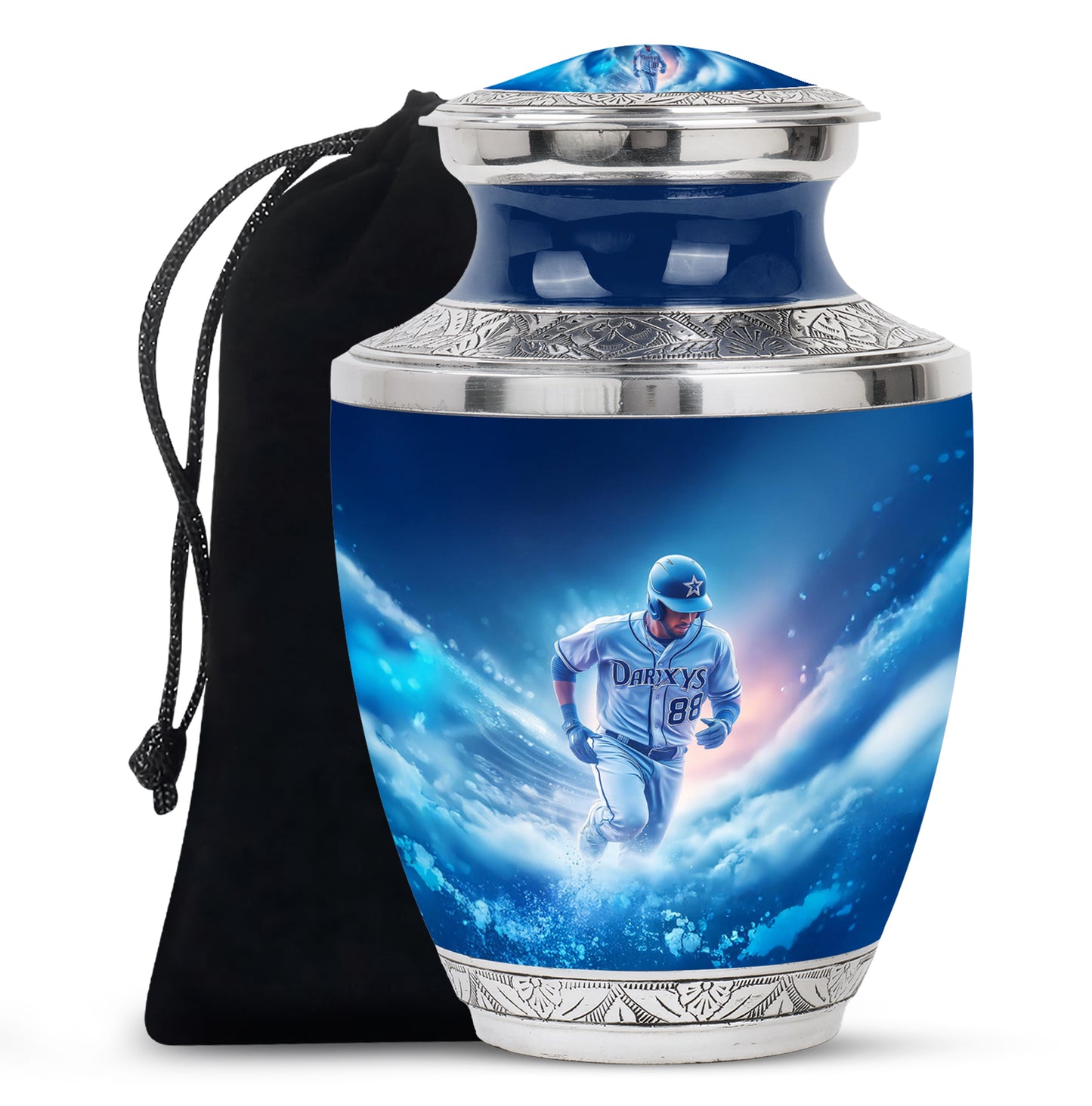 Steel Blue Baseball Cremation Urn side profile showing urn shape - artistic baseball interpretation with creative detail - full-size 10 inch 200 cubic inch adult cremation urn