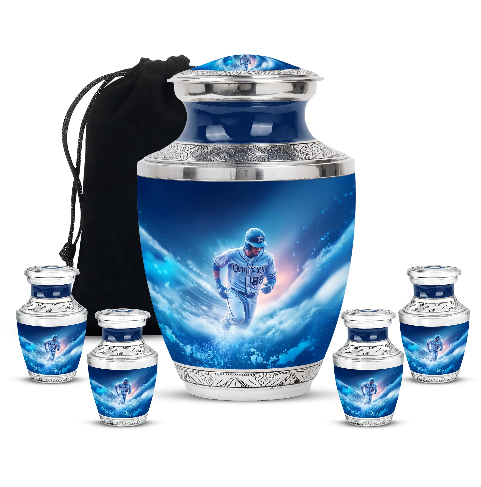 Pastel Blue Baseball Cremation Urn lifestyle display on memorial shelf - modern art-inspired baseball motif on sleek aluminum - memorial set with one large and four small urns