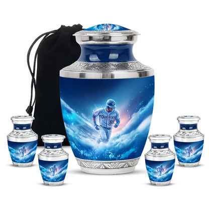 Pastel Blue Baseball Cremation Urn lifestyle display on memorial shelf - modern art-inspired baseball motif on sleek aluminum - memorial set with one large and four small urns