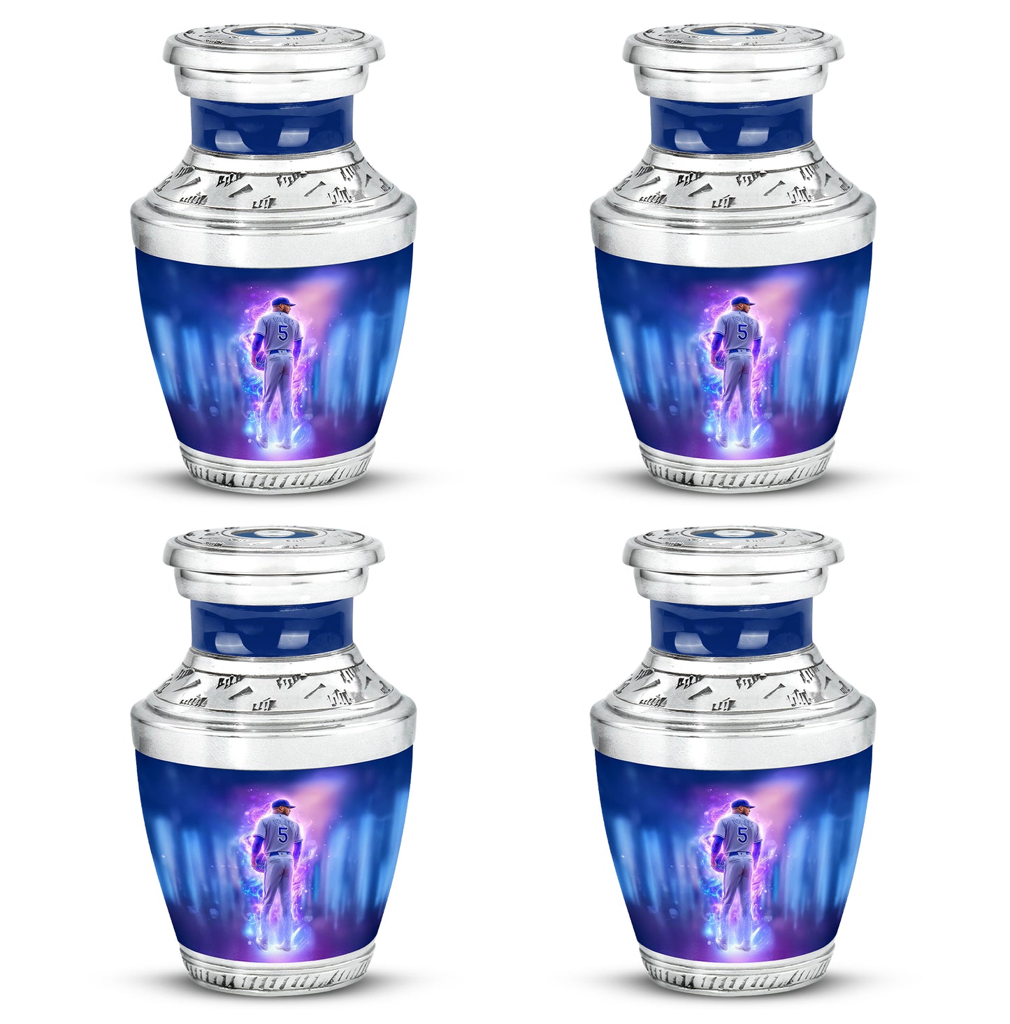 Bright Blue Baseball Cremation Urn back view with polished surface - stylized abstract baseball pattern with bold lines - 10 inch aluminum urn for cremated remains