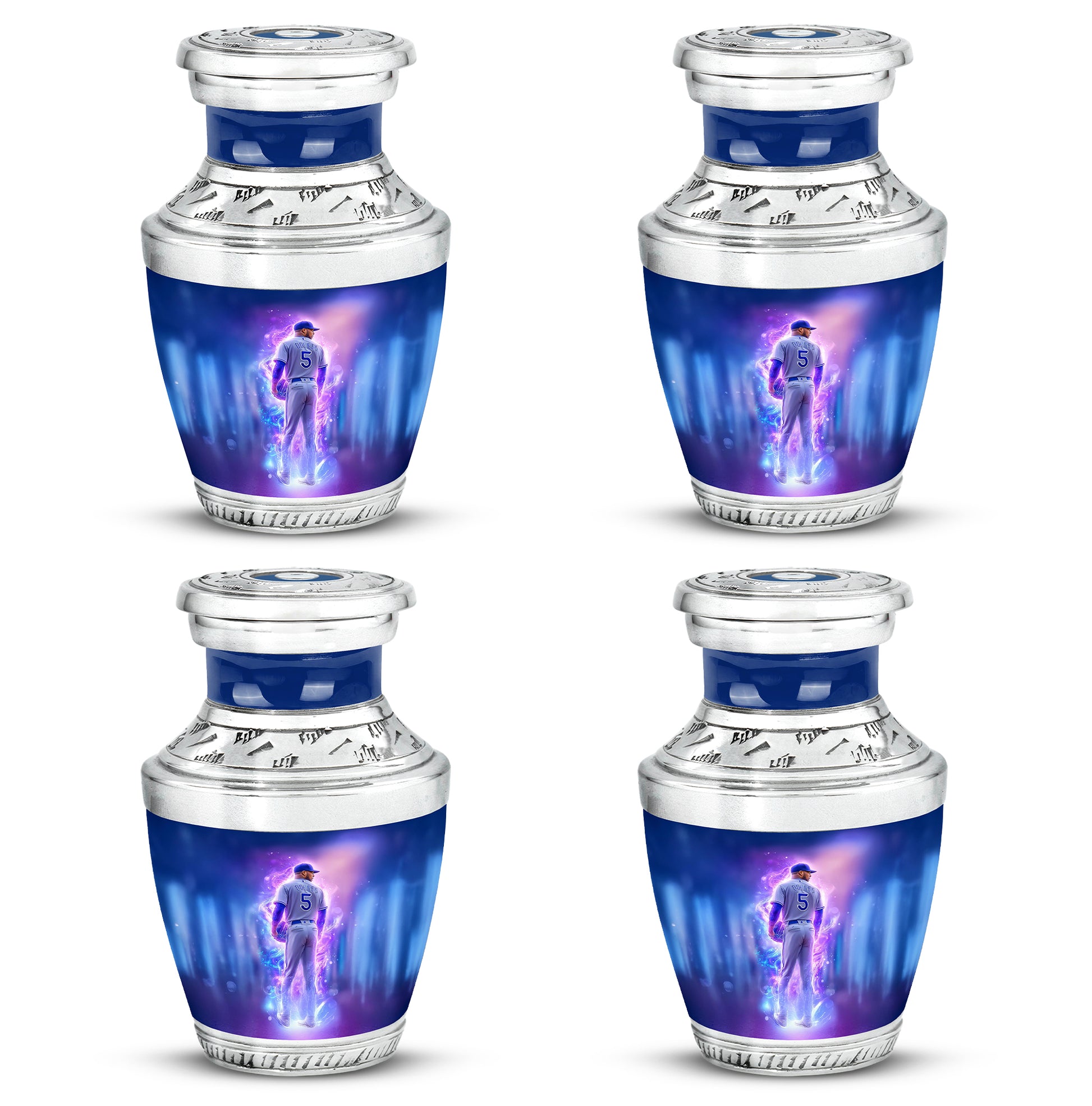 Bright Blue Baseball Cremation Urn back view with polished surface - stylized abstract baseball pattern with bold lines - 10 inch aluminum urn for cremated remains
