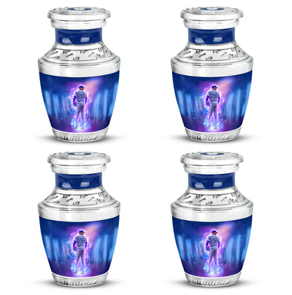 Bright Blue Baseball Cremation Urn back view with polished surface - stylized abstract baseball pattern with bold lines - 10 inch aluminum urn for cremated remains