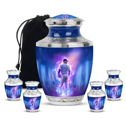Navy Blue Baseball Cremation Urn lifestyle display on memorial shelf - contemporary baseball design with modern artistic flair - memorial set with one large and four small urns