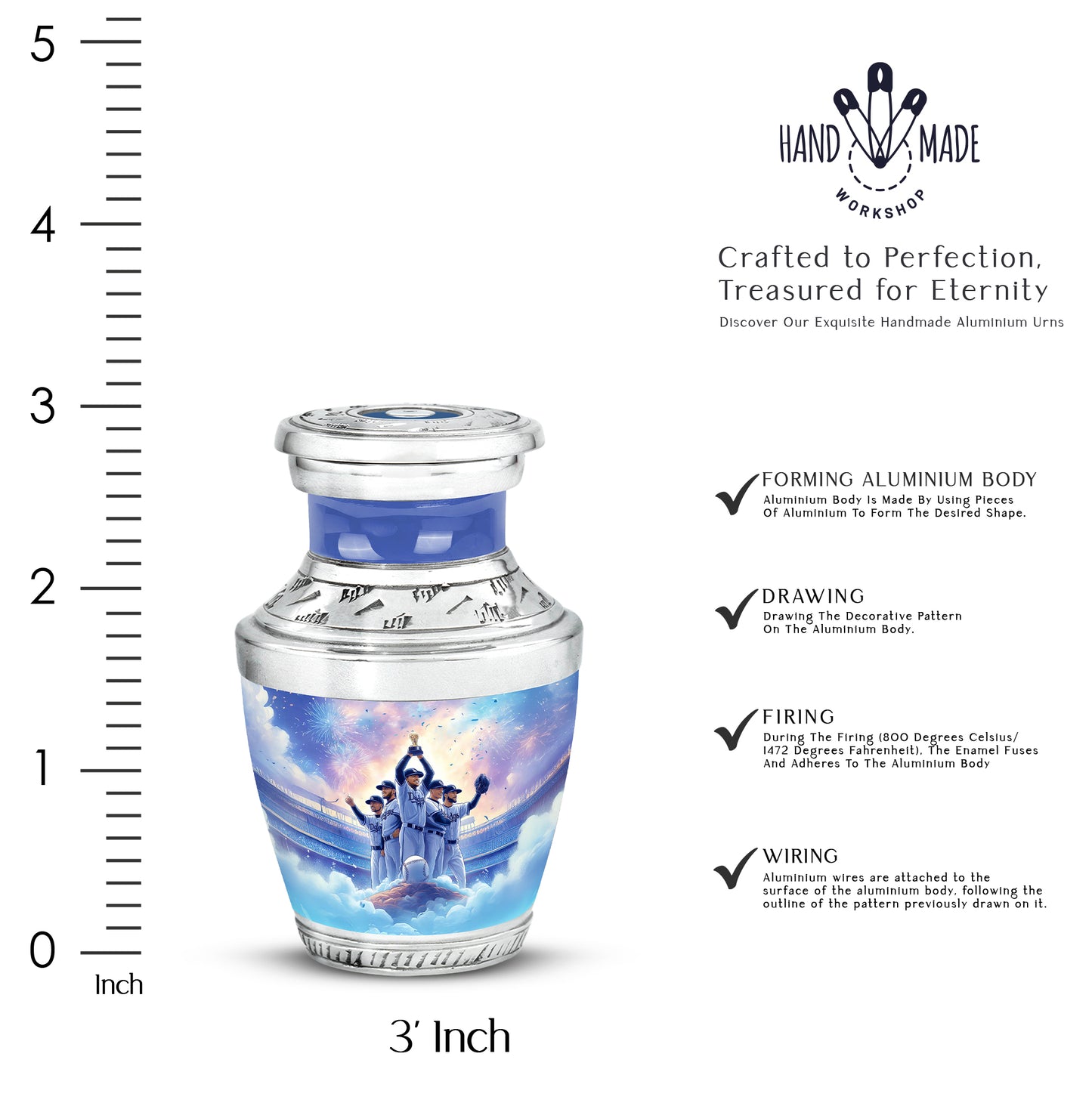 Twilight Purple Baseball Cremation Urn top-down view of secure threaded lid - stylized abstract baseball pattern with bold lines - mini keepsake memorial for portion of cremation ashes