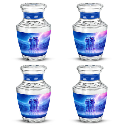 Serene Blue Baseball Cremation Urn back view with polished surface - stylized abstract baseball pattern with bold lines - 10 inch aluminum urn for cremated remains