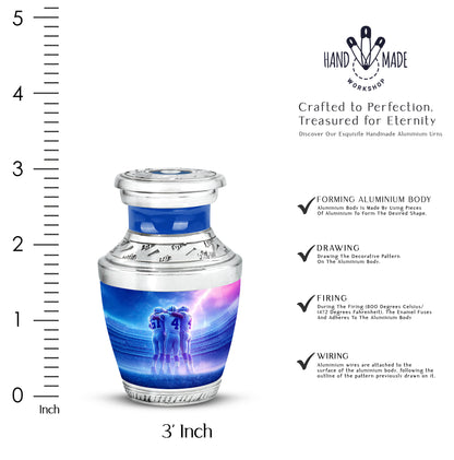 Powder Blue Baseball Cremation Urn top-down view of secure threaded lid - modern art-inspired baseball motif on sleek aluminum - mini keepsake memorial for portion of cremation ashes