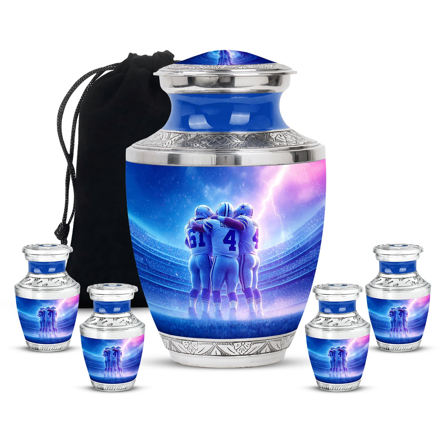 Slate Blue Baseball Cremation Urn lifestyle display on memorial shelf - contemporary baseball design with modern artistic flair - memorial set with one large and four small urns