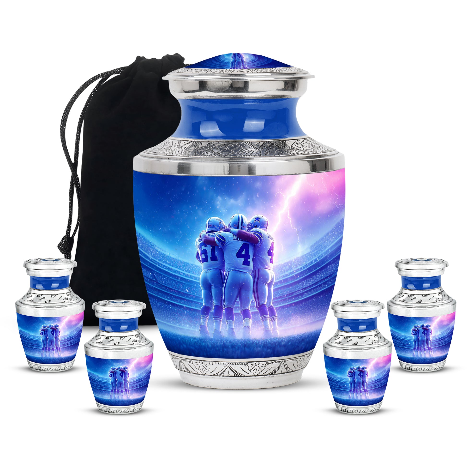 Slate Blue Baseball Cremation Urn lifestyle display on memorial shelf - contemporary baseball design with modern artistic flair - memorial set with one large and four small urns