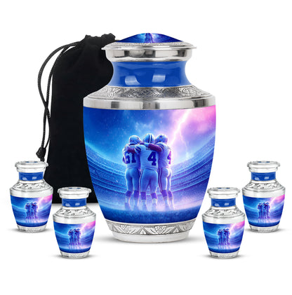 Slate Blue Baseball Cremation Urn lifestyle display on memorial shelf - contemporary baseball design with modern artistic flair - memorial set with one large and four small urns