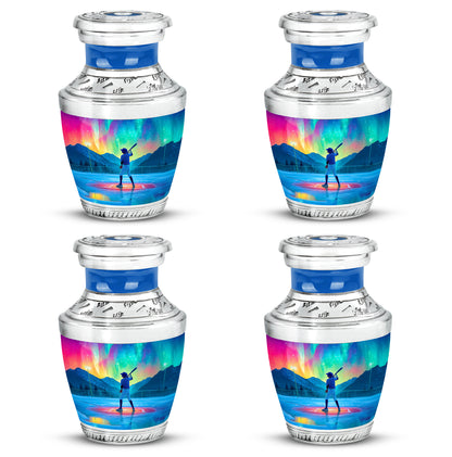 Soft Blue Baseball Cremation Urn back view with polished surface - stylized abstract baseball pattern with bold lines - 10 inch aluminum urn for cremated remains