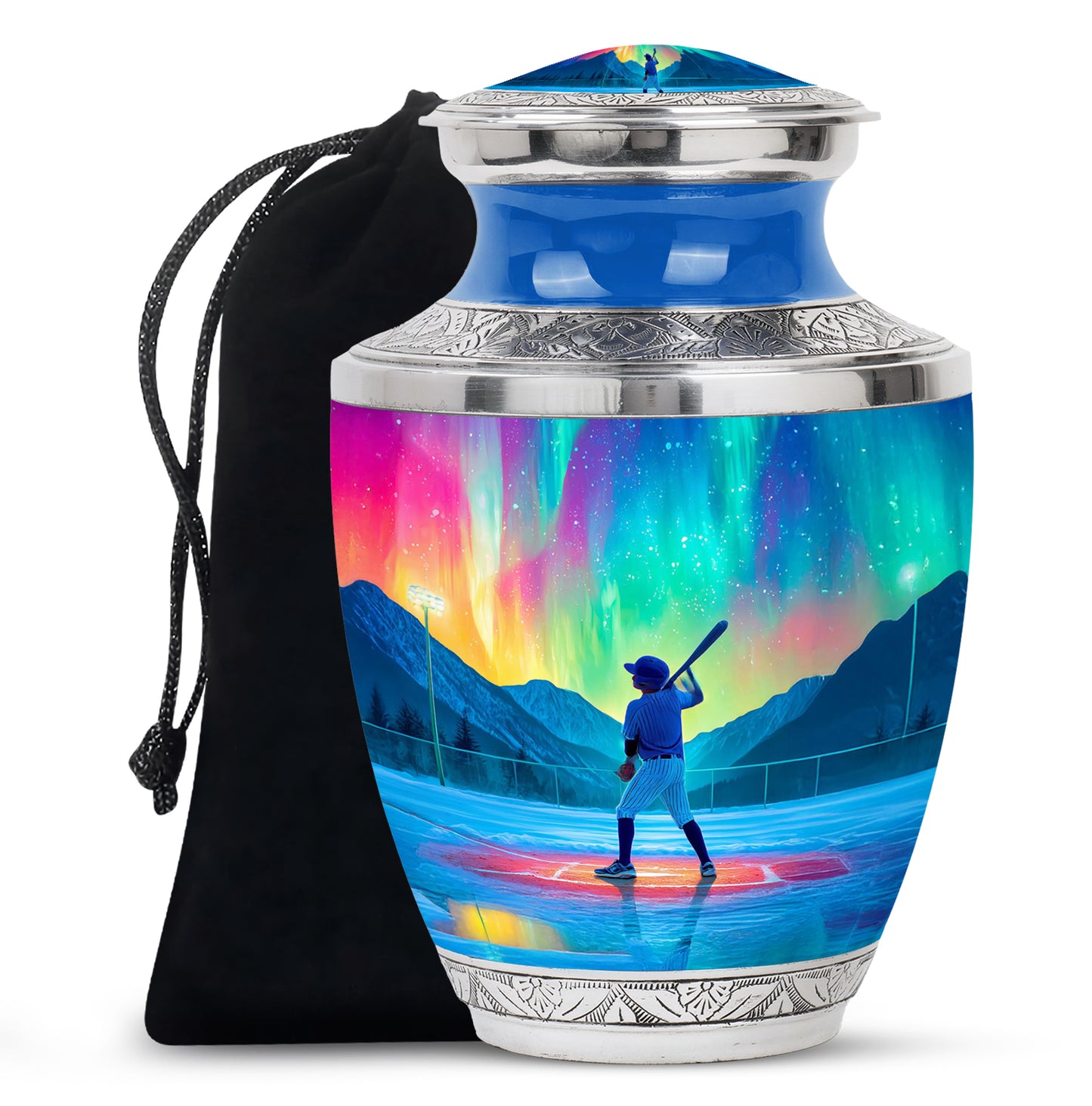 Icy Blue Baseball Cremation Urn side profile showing urn shape - contemporary baseball design with modern artistic flair - full-size 10 inch 200 cubic inch adult cremation urn