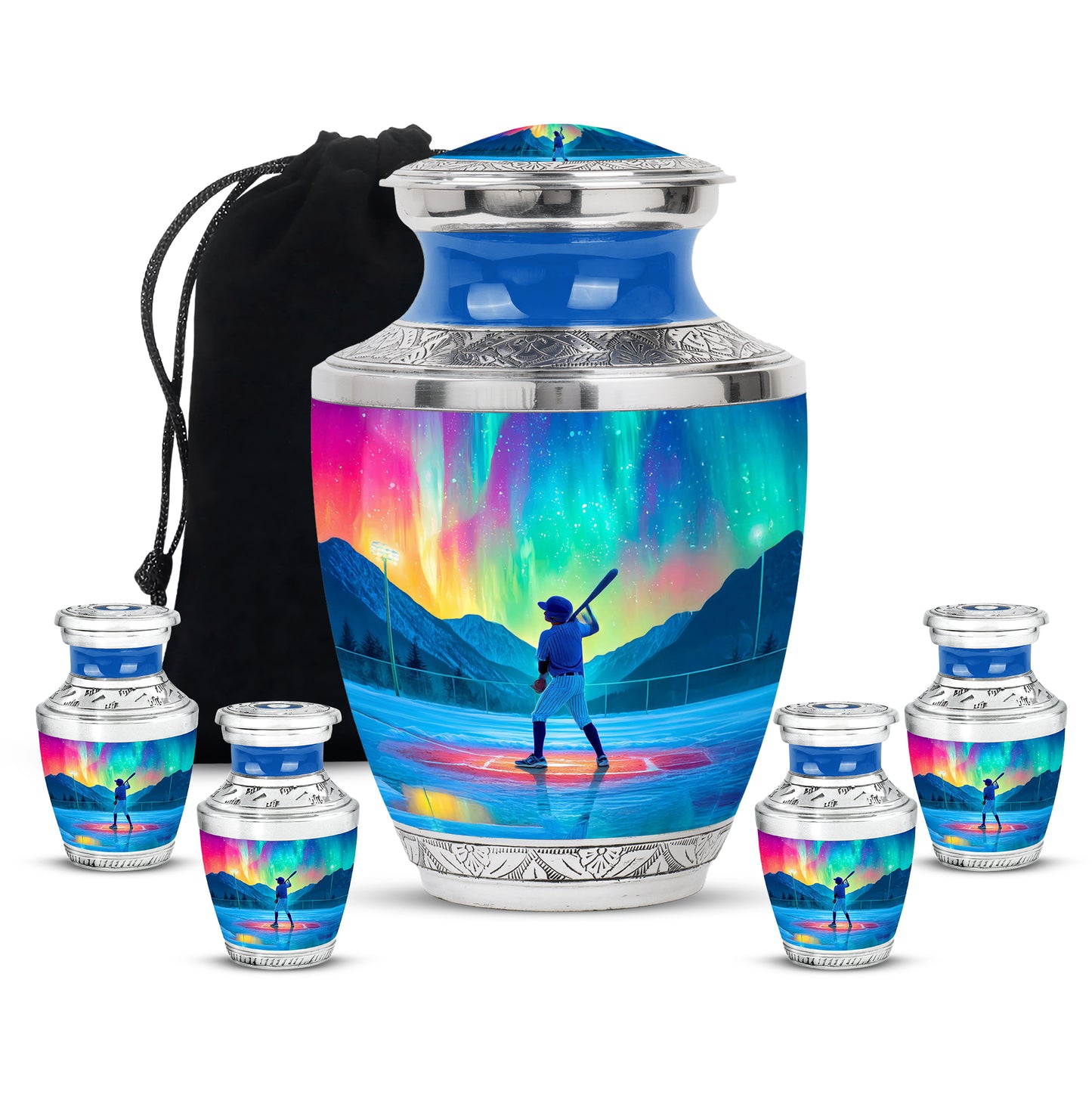 Twilight Blue Baseball Cremation Urn lifestyle display on memorial shelf - artistic baseball interpretation with creative detail - memorial set with one large and four small urns