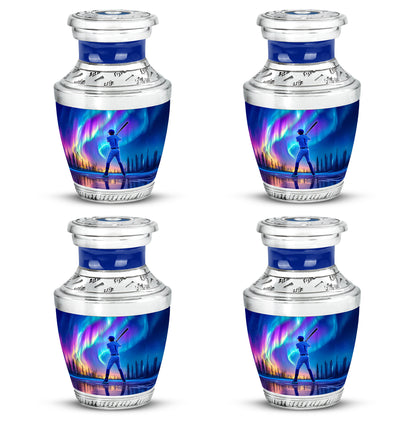 Bright Blue Baseball Cremation Urn back view with polished surface - stylized abstract baseball pattern with bold lines - 10 inch aluminum urn for cremated remains