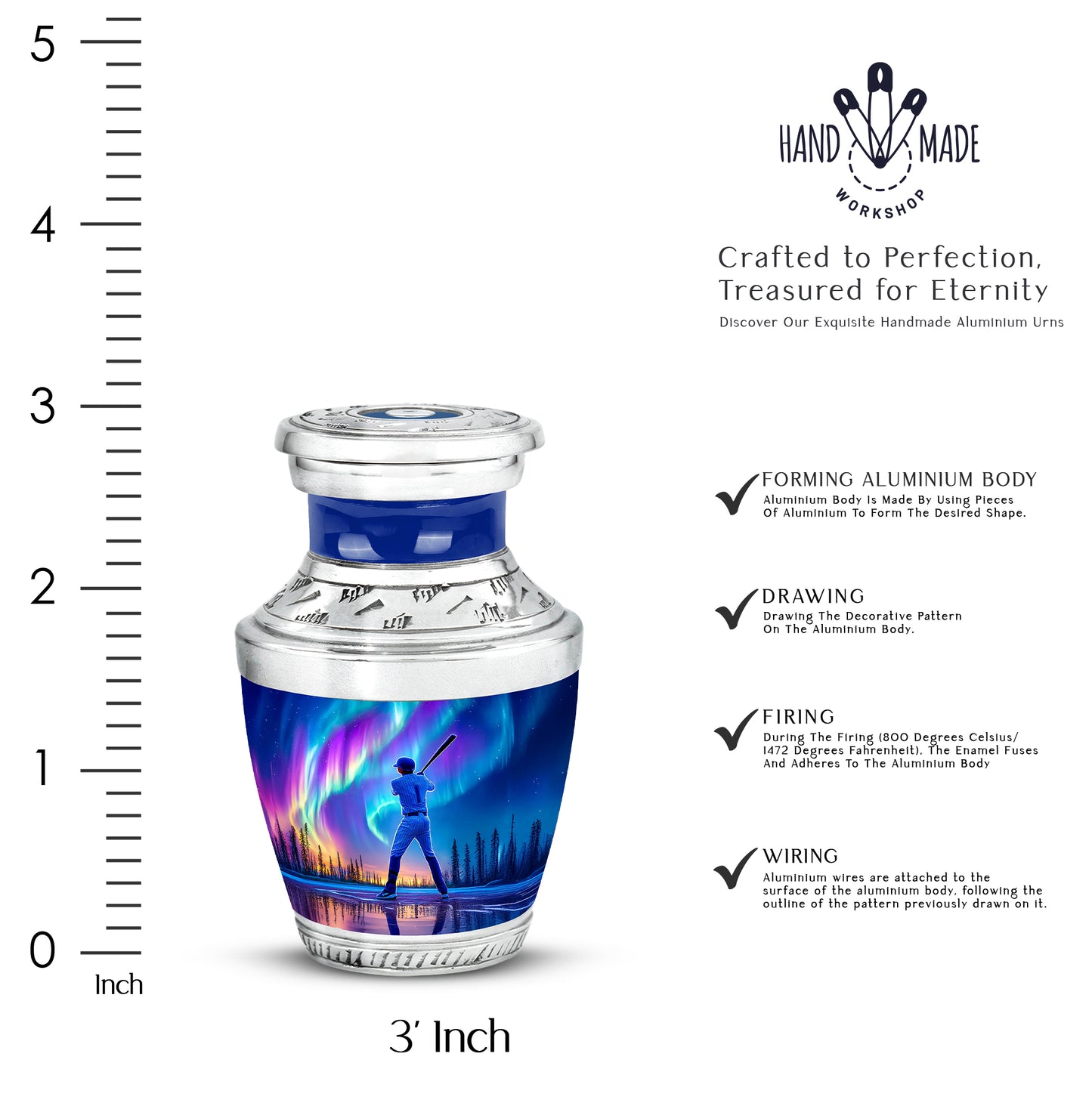 Soft Blue Baseball Cremation Urn top-down view of secure threaded lid - stylized abstract baseball pattern with bold lines - mini keepsake memorial for portion of cremation ashes