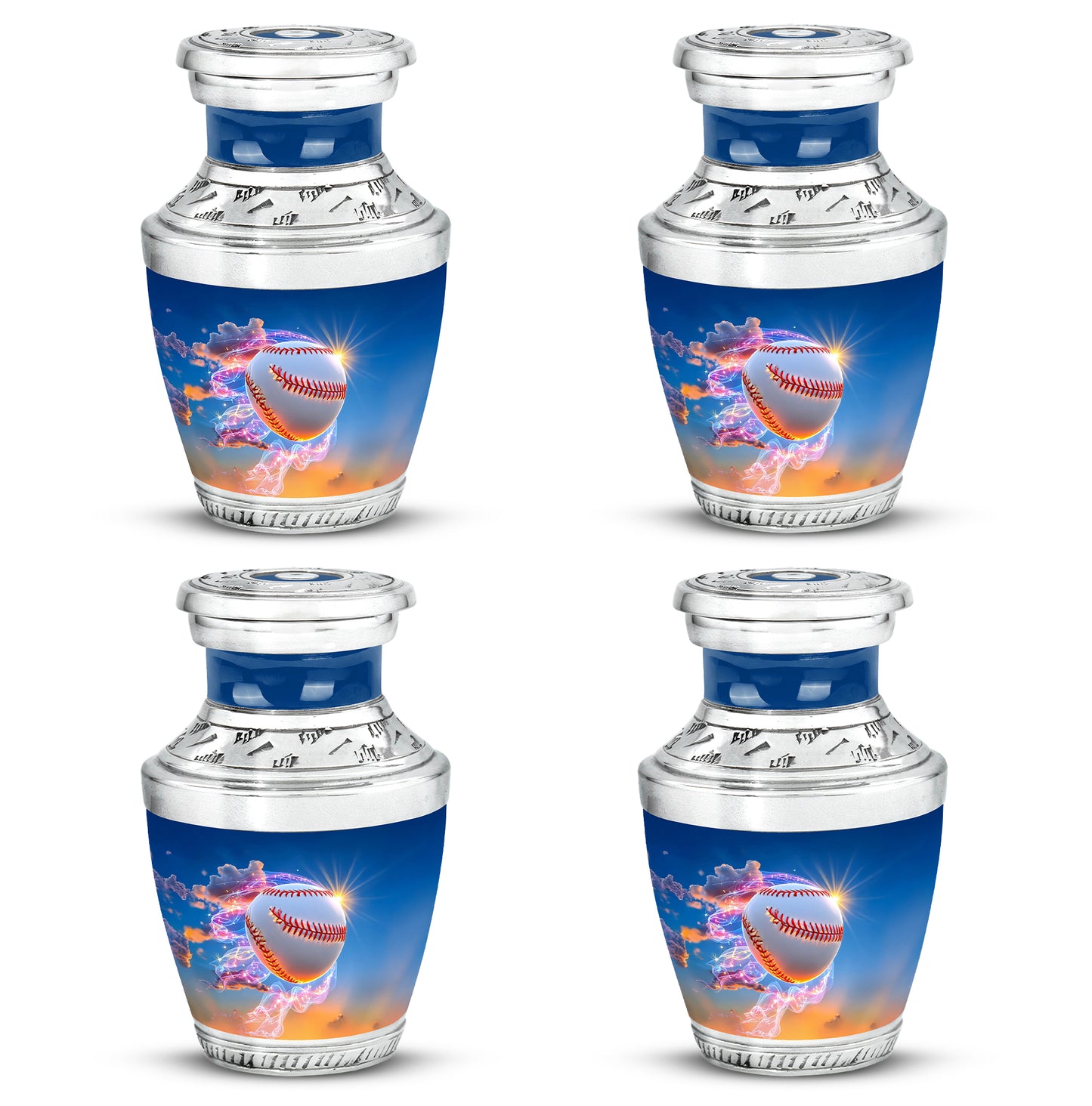 Twilight Blue Baseball Cremation Urn back view with polished surface - artistic baseball interpretation with creative detail - 10 inch aluminum urn for cremated remains