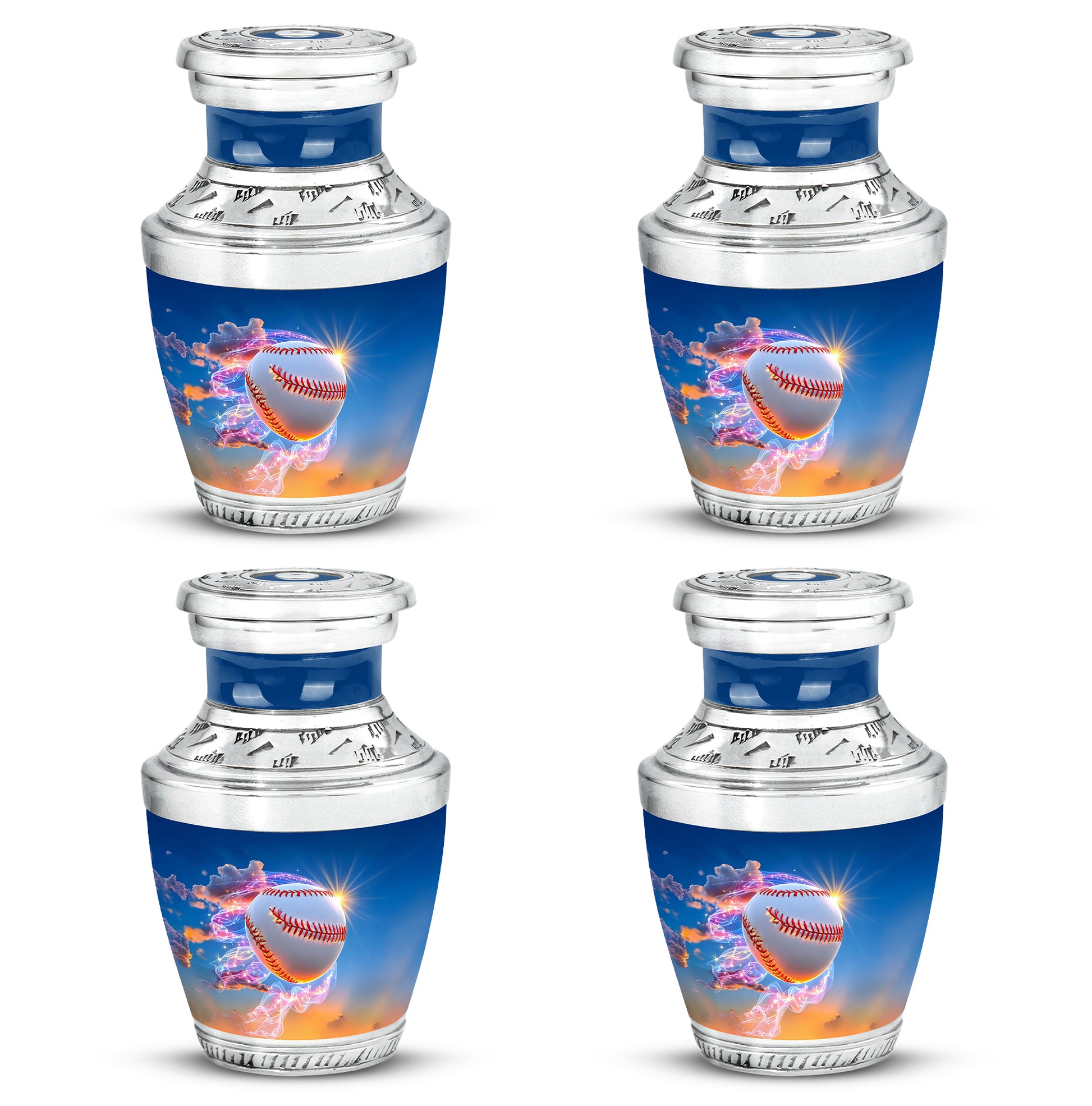 Twilight Blue Baseball Cremation Urn back view with polished surface - artistic baseball interpretation with creative detail - 10 inch aluminum urn for cremated remains